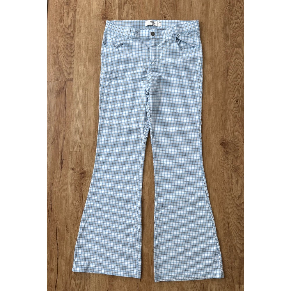 Hollister Women High Rise Flare Y2K Pants Light Blue White Plaid Stretch Size L